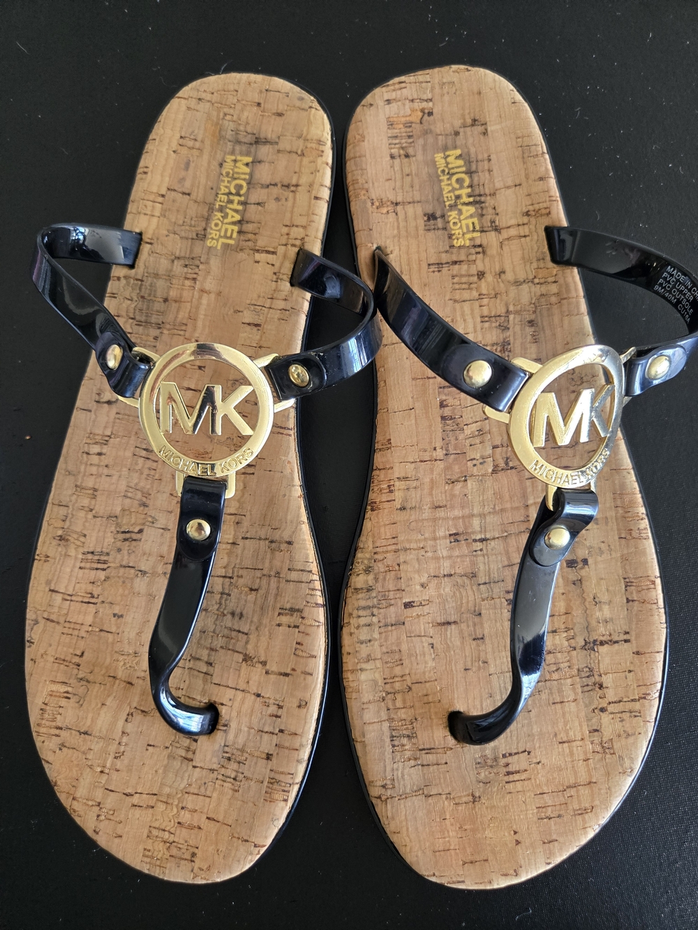 Michael Kors Black Jelly Thong Sandals Gold MK Logo Plate Cork Size 9M